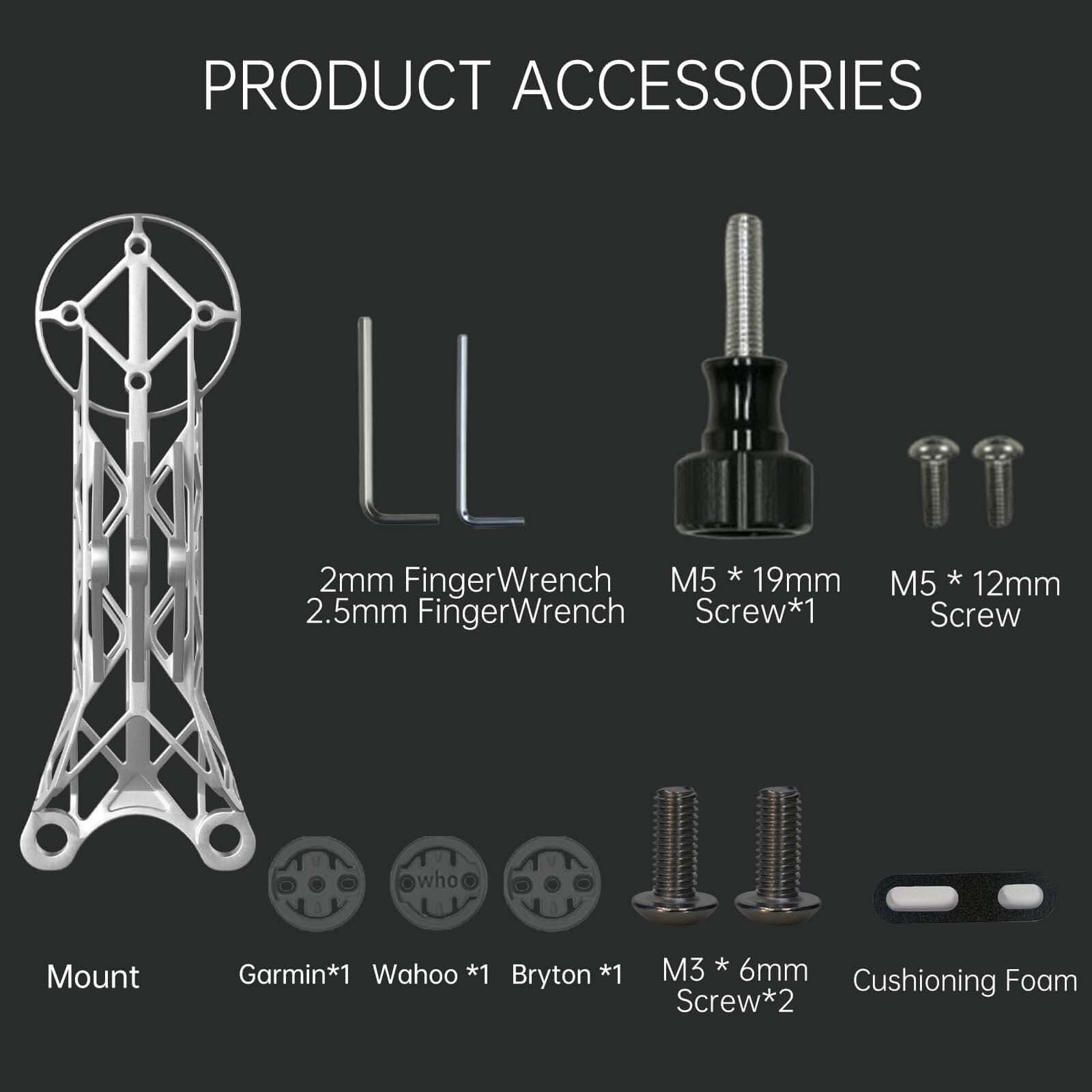 Pinarello Most 3D-Printed Titanium Bike Computer Mount accessory parts including screws and wrenches.